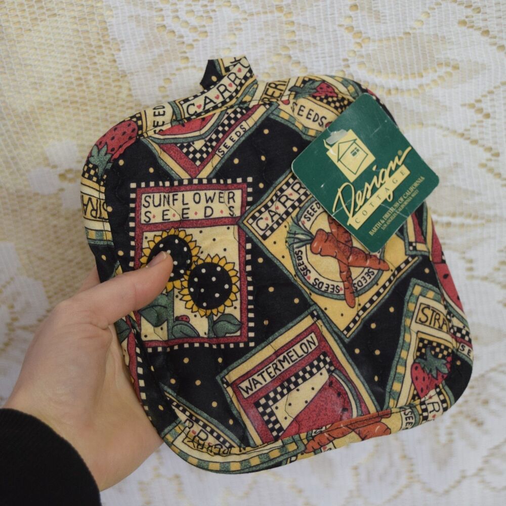 VTG 90s Pot Holder Design Cottage Farmhouse Garden Seed Packets Barth & Dreyfuss